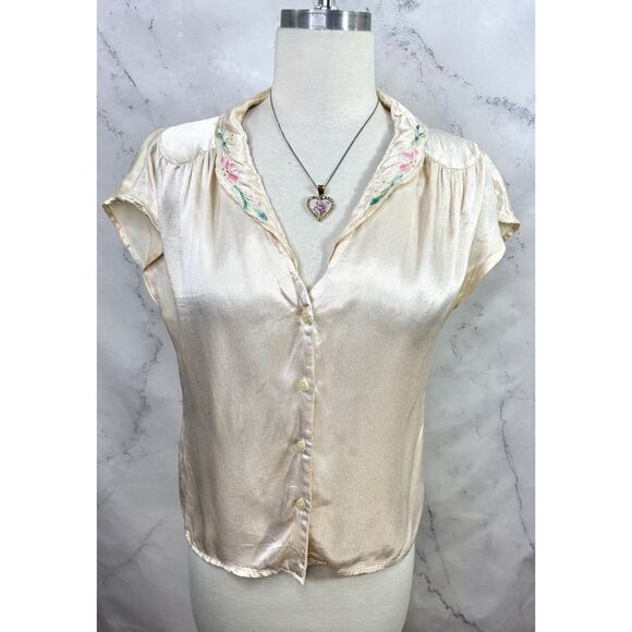 Vtg 70s You Babes Satin Button up Blouse S Cream Embroidery Collar Top Coquette - Picture 1 of 16